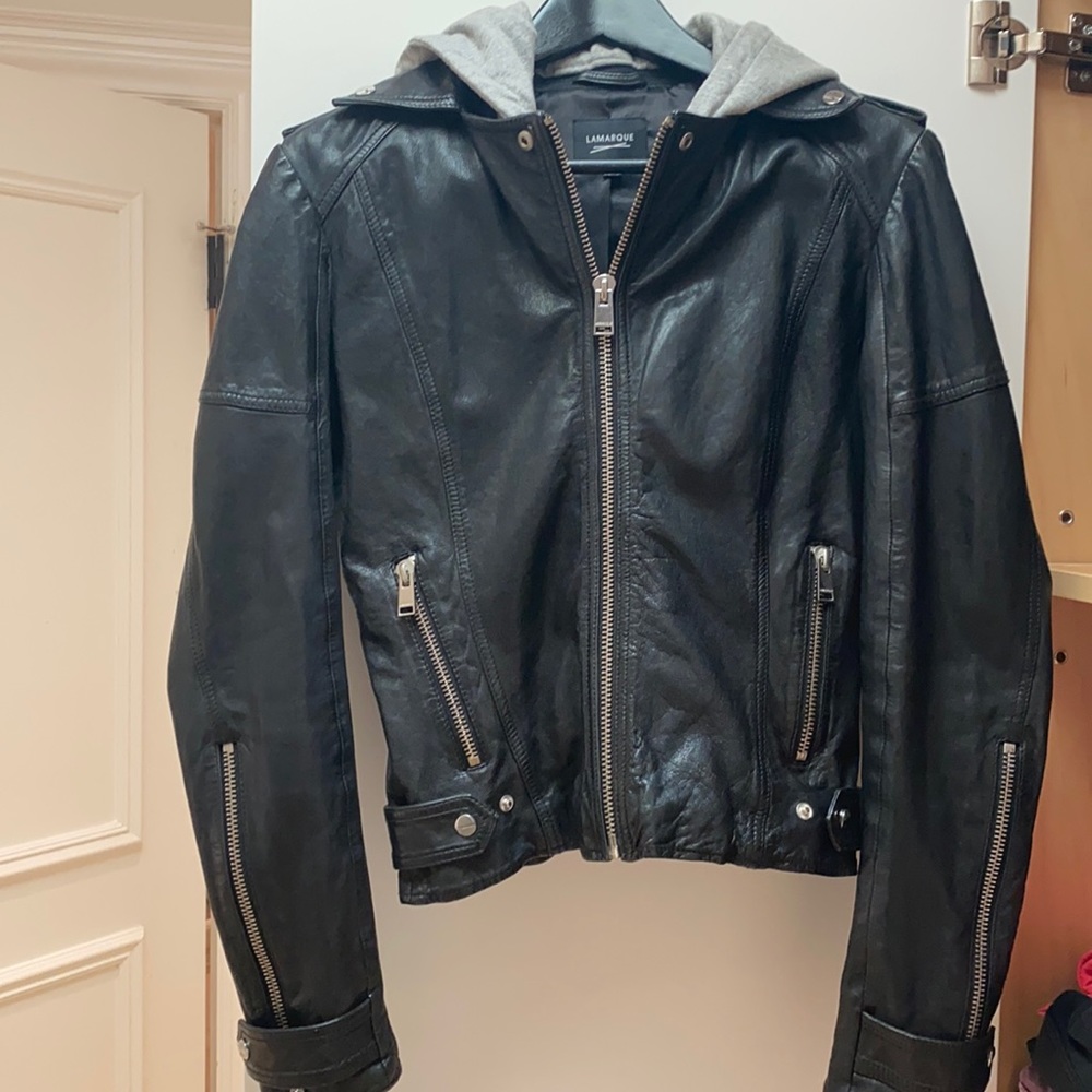 Lamarque leather jacket with grey hood insert